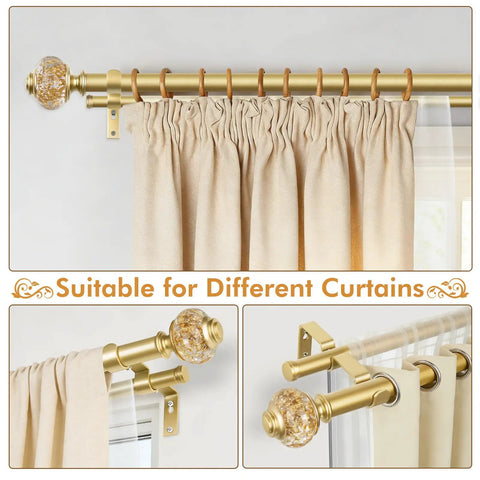 Gold 1 Inch Double Curtain Rod Set With Telescoping 72 To 144 Inch Range, Sparkling Foil Finials, suitable for different curtains