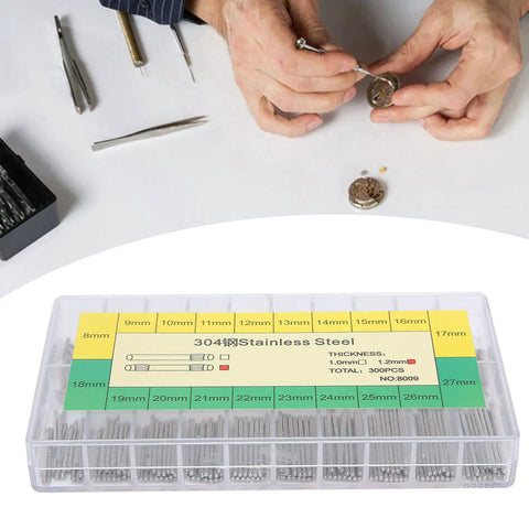 Friction Bar Watch Band Pin Set For Quick Strap Repairs, 304 stainless steel 1.2mm pins, 8 to 27mm range, 20 sizes box