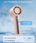 Compact Handheld Personal Fan With Turbo Wind On The Go USB Rechargeable Mini Cooler, pink with display, five speed levels.