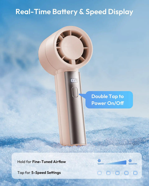 Compact Handheld Personal Fan With Turbo Wind On The Go USB Rechargeable Mini Cooler, pink with display, five speed levels.