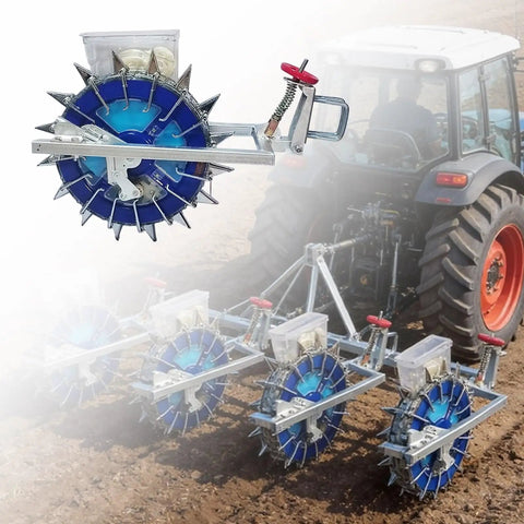 12 Nozzles Pull Behind Garden Seeder For Tractors With Adjustable Planting in use, showing stainless steel duckbill tips and wheels.
