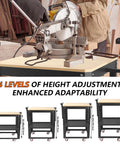 Heavy Hitter Rolling Planer Stand Holding 550 Lb Load Capacity Height Adjustable Miter Saw Table With Extension Rollers shown at 4 height levels.