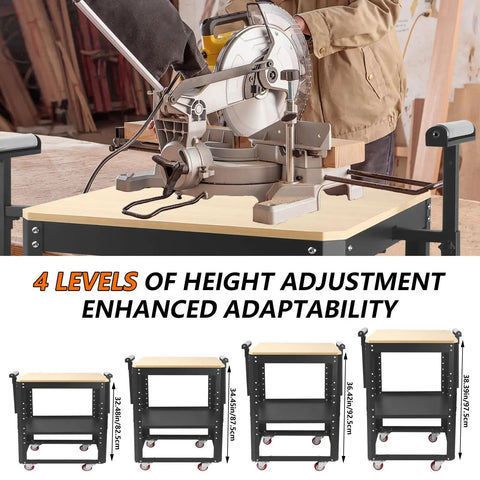 Heavy Hitter Rolling Planer Stand Holding 550 Lb Load Capacity Height Adjustable Miter Saw Table With Extension Rollers shown at 4 height levels.
