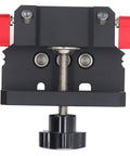 Hit The Mark Every Time Self Centering Doweling Jig With Precise Fine Scale, front view showcasing black aluminum alloy and red knobs.