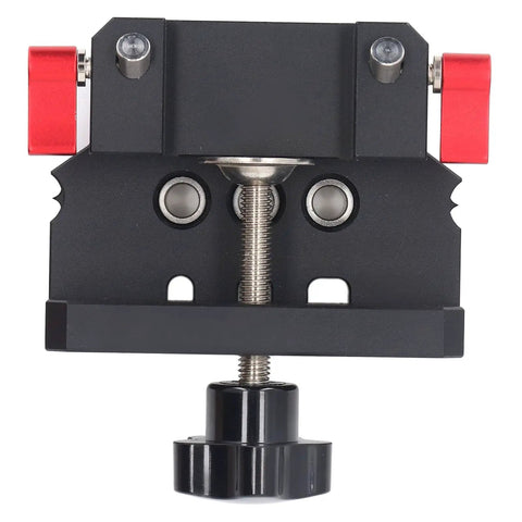 Hit The Mark Every Time Self Centering Doweling Jig With Precise Fine Scale, front view showcasing black aluminum alloy and red knobs.