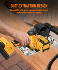 High-Output 6 1 2-Inch Cordless Circular Saw For Gnarly Cuts On Any 20V System Includes Two Blades And Guide Ruler For Crisp Slices Every Pass  Dust extraction design shown with vacuum hose attachment.