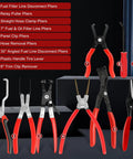 9 Piece Hose Clamp Pliers Set For Fuel Line Disconnect And Hose Removal Tool Kit Including Relay Puller Straight Clamp Pliers 30 Degree Angled Disconnect Pliers Panel Clip Pliers Trim Tool And Carry Case displayed in a set.