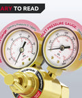 Oxygen Regulator With Welding Gauges For 0 To 4000 PSI Inlet And 0 To 100 PSI Outlet, brass dials close-up with readings