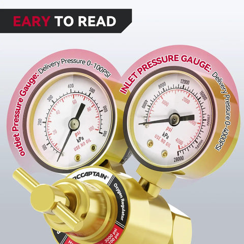 Oxygen Regulator With Welding Gauges For 0 To 4000 PSI Inlet And 0 To 100 PSI Outlet, brass dials close-up with readings