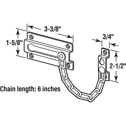 Chain Door Guard With Steel Chain For Swinging Doors, Stamped Steel Construction, White Painted Finish, measurements diagram