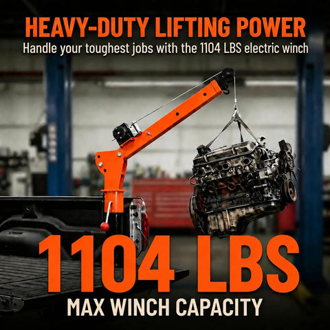 Heavy Duty Folding Truck Bed Crane With A Rock Solid 2000 Pound Electric Winch And 1100 Pound Lift Capacity For Pickup Trucks and Shop Tasks Using 12 Volt Alloy Steel Jib Boom lifting a heavy engine.