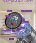Heavy Duty Cordless Stick Vacuum smart LED screen displaying battery percentage and mode indicators for easy operation.