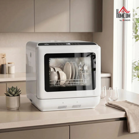 Game Changing Portable Countertop Dishwasher Featuring A Built In Water Tank And Five Wash Cycles To Run, compact design with dishes visible.