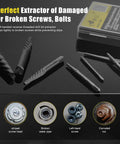 7 Piece Screw Extractor Set For Damaged Bolts And Stripped Screws Easy Out Bolt Extractors With Spiral Flutes Heavy Duty CR MO Steel For Maximum Grip As You Turn Ideal Gift For Men DIY Handymen And Auto Enthusiasts, showing various extractor sizes and guide illustrations for use.
