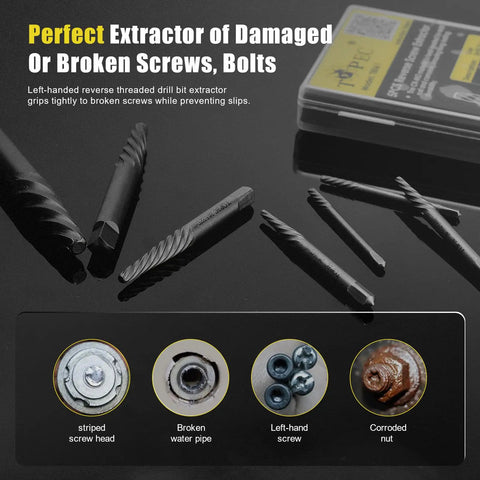 7 Piece Screw Extractor Set For Damaged Bolts And Stripped Screws Easy Out Bolt Extractors With Spiral Flutes Heavy Duty CR MO Steel For Maximum Grip As You Turn Ideal Gift For Men DIY Handymen And Auto Enthusiasts, showing various extractor sizes and guide illustrations for use.