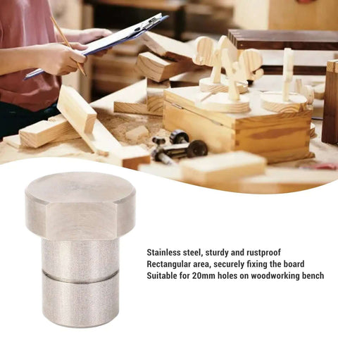 Heavy Duty 20mm Stainless Steel Bench Dogs For MFT Workbenches And Woodworking Tables 4 Pack Wood Pegs on a workbench