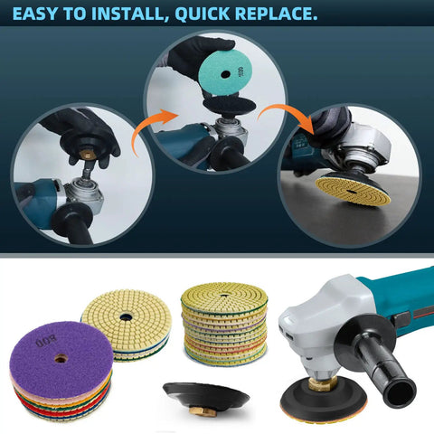Installation process of 14 Pack 4 Inch Diamond Polishing Pads Kit With 2 Backer Pads For Wet And Dry Polishing On Granite Marble Stone Concrete Countertops Quartz Grits 50 To 8000 For Drill Grinder Polisher with grinder and pads displayed.