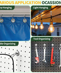 Various applications using Built Tough 12 Pack Heavy Duty Magnetic Hooks With Swivel Carabiner for organizing tools and lights.