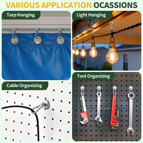 Various applications using Built Tough 12 Pack Heavy Duty Magnetic Hooks With Swivel Carabiner for organizing tools and lights.