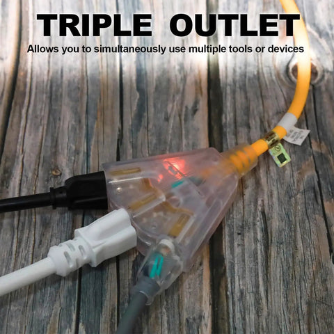 15 Foot Yellow Heavy Duty Extension Cord Built Like A Tank For Rugged Outdoor Work Sites Featuring 14 Gauge Pure Copper Conductors Alongside Six Grounded Receptacles Shrouded In All Weather Sjeow Rubber Sheath With Led Bulb, close-up of triple outlet.