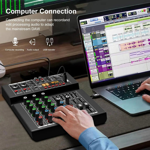 Pro DJ 4 Channel Digital Mixer With USB Bluetooth MP3 Input 99 DSP Effects 7 Band EQ 48V Phantom Power connected to laptop