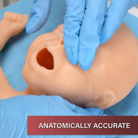 Premature Infant Simulator And NG Tube Insertion Trainer demonstrating NG tube placement on a realistic neonatal model.