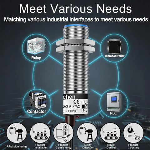 Image of Capacitive Proximity Sensor Shielded Type LJC18A3-5-Z/AX with various industrial applications highlighted.