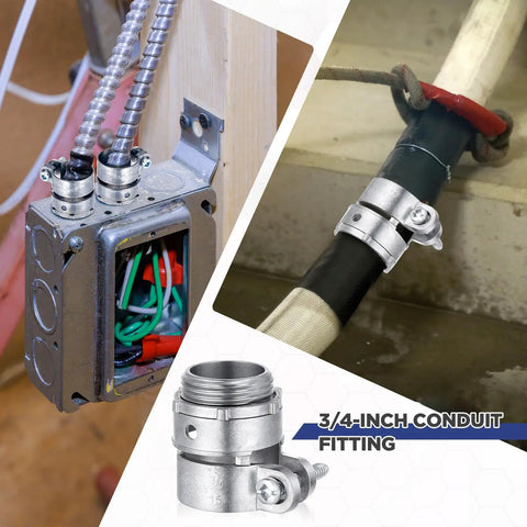 20 Pack Three Quarters Inch Squeeze Connectors For FMC Flexible Metal Conduit And EMT Electrical Conduit Fittings shown in use