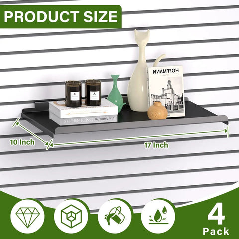 Four Pack 17 By 10 Inch Metal Slatwall Shelves For Garage Or Shop Display, Rust Resistant Black Finish, Heavy Duty Wall Mounted Storage