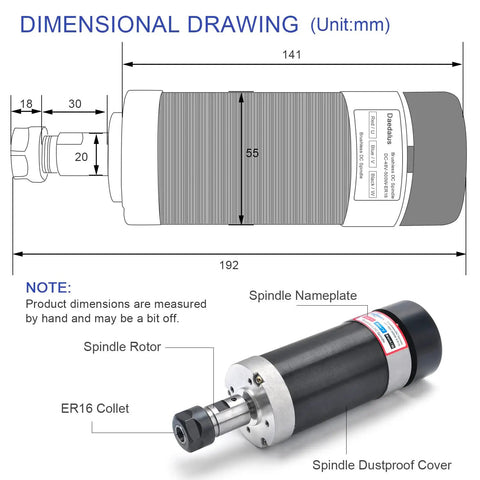 Dimensional drawing and photo of CNC Top-Notch Brushless Spindle Motor Kit 500W ER16 48V DC with labeled parts and size
