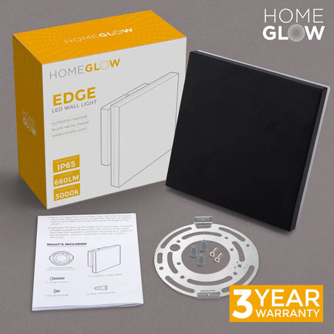 Edge LED Wall Light Indoor Outdoor Black Modern Sconce, Waterproof IP65, Warm White 3000K, 660 Lumen, Hardwired 12W packaging and contents