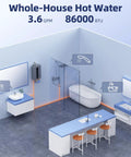Premium Propane Tankless Water Heater Delivers Rock Solid 3.6 Gpm Instant Hot Water For Family Showers And Kitchens With Dependable Eighty Six Thousand Btu Output All Day in a modern bathroom setting.