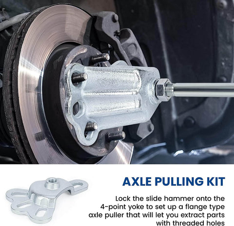 Rear Axle Bearing Removal Tool Kit With Slide Hammer And Adapters attached to car axle showing usage