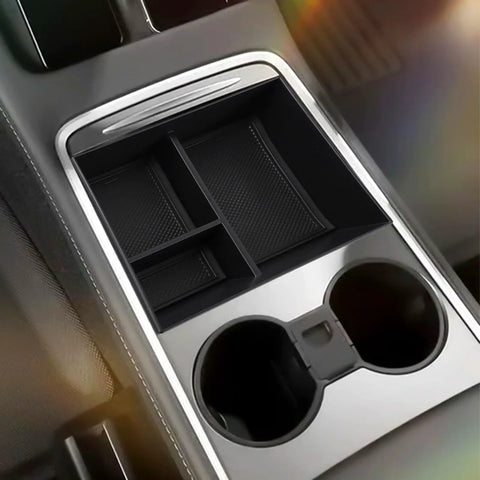 Custom Fit Center Console Organizer Tray For Tesla Cybertruck 2024 Plus features rigid ABS plastic armrest storage insert.