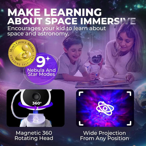 Mind Blowing Astronaut Galaxy Projector With Remote And Timer Modes Star Nebula Projections in use by child and parent