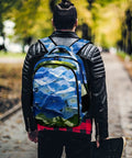 Back view of person wearing spacious unisex backpack with blue hydrangea print for summer garden vibe, durable polyester daypack.