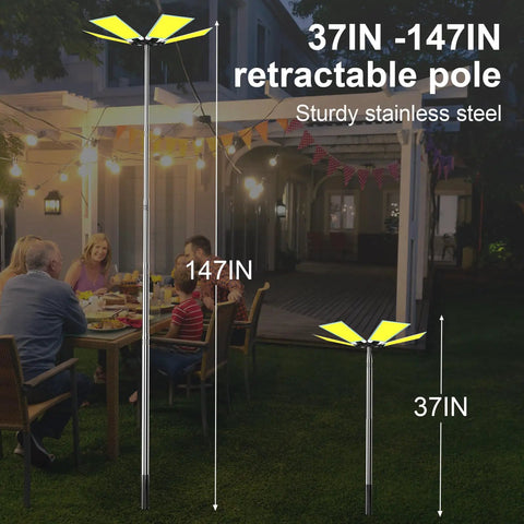 Beastly Bright 25000 Lumen LED Telescoping Camping Light With 5 COB Panels at 147-inch height in backyard setting