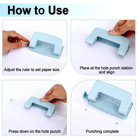 Step-by-step guide using Adjustable 2 Hole Paper Punch For A4 A5 B5 Paper Sizes Metal Hole Puncher, blue, demonstrating alignment and use.