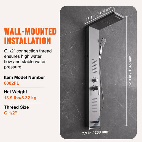 Slick Stainless Steel Shower Panel Tower Featuring Five Kickass Spray Modes, Smooth Knob Control, Rainfall Showerhead, Waterfall Stream, Dual Body Massage Jets, Bathtub Spout, And Handheld Sprayer Kit