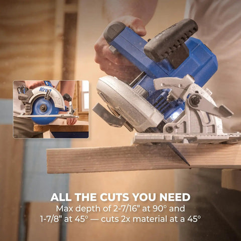 20V Ionic Drive 7.25 Inch Circular Saw Bare Tool cutting wood with safety features and LED cutline light