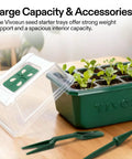 Easy To Use 72 Cell Seed Starter Kit with green tray, adjustable humidity dome, and planting tools for germination.