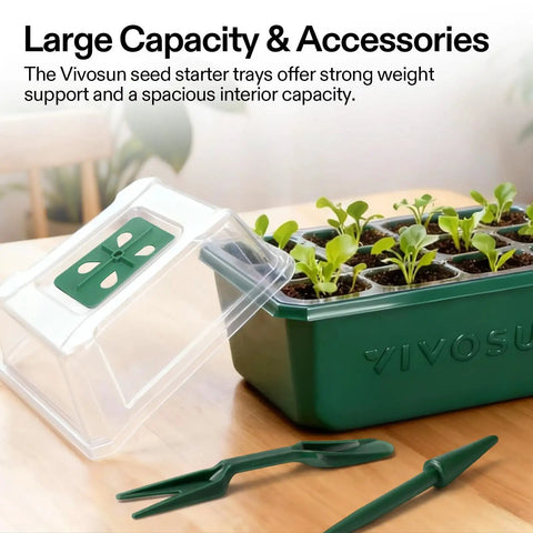Easy To Use 72 Cell Seed Starter Kit with green tray, adjustable humidity dome, and planting tools for germination.