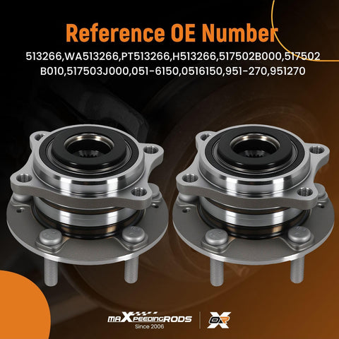 Front Wheel Hub And Bearing Assembly 513266 Replacement For Hyundai Santa Fe 2007 2014 Veracruz 2007 2012 And Kia Sorento 2011 2015 Five Lug Direct Fit Front Left Or Right Ready To Roll, showing two metal wheel hubs with bolts