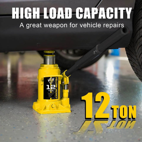 Low Profile 12 Ton Hydraulic Bottle Jack With 24,000 Lbs Capacity under a vehicle, demonstrating heavy duty lifting in a garage.