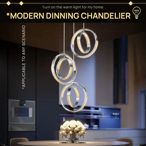 Sleek Modern LED Chandelier With Six Ring Chrome Pendant Light over dining table