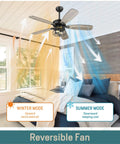 Reversible Farmhouse 52 Inch Ceiling Fan With Lights And Remote Control, Rustic Barnwood Blades, Industrial Cage Light, Matte Black Finish