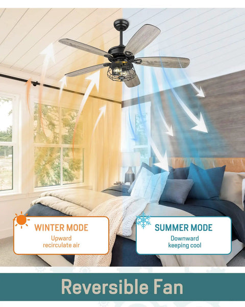 Reversible Farmhouse 52 Inch Ceiling Fan With Lights And Remote Control, Rustic Barnwood Blades, Industrial Cage Light, Matte Black Finish