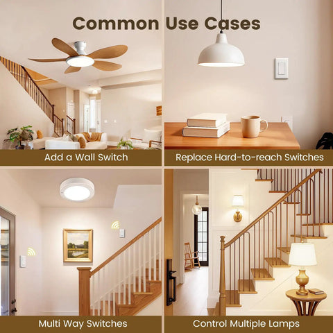 Wireless Light Switch And Receiver Kit No In Wall Wiring Needed RF Remote For Ceiling Lights Lamps And Fans 100 Feet Range shown in various home settings