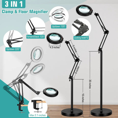 10X Real Glass Magnifying Glass With Light And Stand, 4.3 Inch Lens, adjustable swing arm floor lamp, clamp detail shown