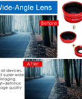 3 In 1 Universal Fish Eye Lens Macro Clip Lens Wide Angle Kit For iPhone Android iPad And Most Smartphones Grab And Go Pro Grade Optical Glass Durable Aluminum Build Red shown with wide-angle lens results